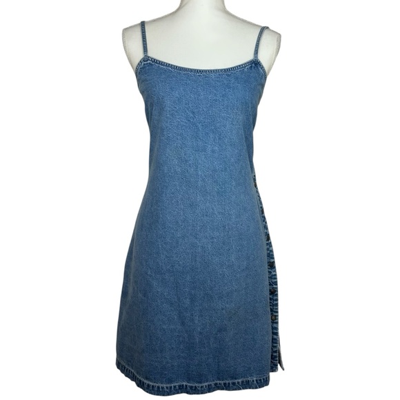 Tommy Hilfiger Vintage Denim Mini Dress Y2K 90s Spaghetti Strap Side Button 14 - Picture 1 of 9